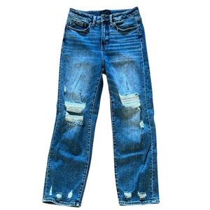 Buckle Ripped Ankle Crop Jeans - Blue Denim